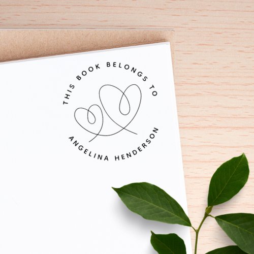 Modern Minimalist Two Hearts Library Book Rubber Stamp