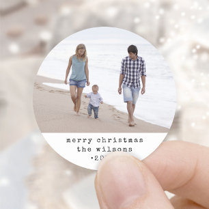 Modern Minimalist Typewriter Merry Christmas Photo Classic Round Sticker