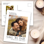 Modern Minimalist Typography 2 Photo Save The Date Postcard<br><div class="desc">This modern save the date postcard features a minimalist design offering space for two photos. The stylish text appears on a clean white background. Custom text,  on the back,  allows you to add your wedding details.</div>