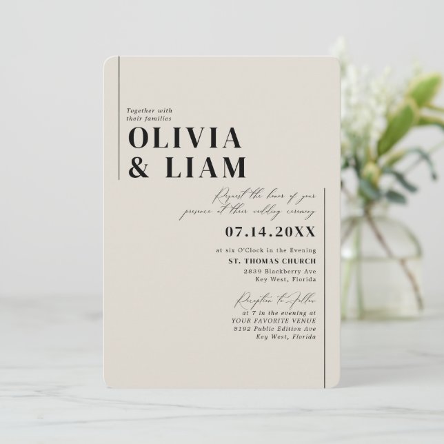 Modern Minimalist Typography Black Taupe Wedding Invitation (Standing Front)