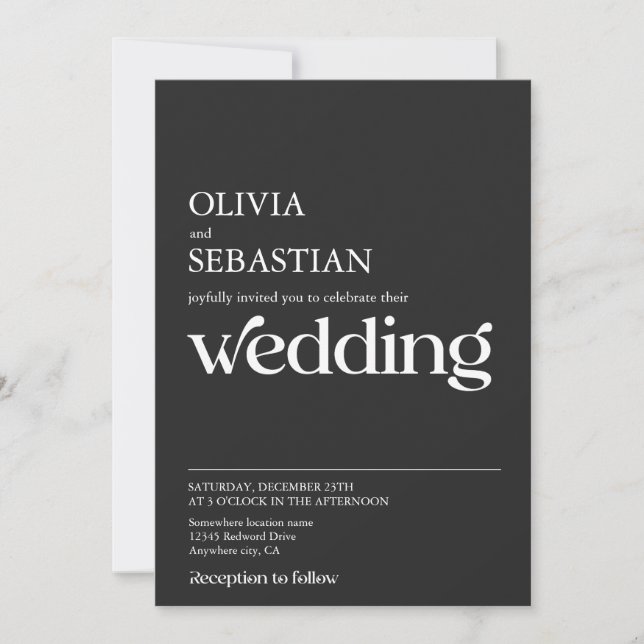 Modern Minimalist Typography Black Wedding Invitation (Front)
