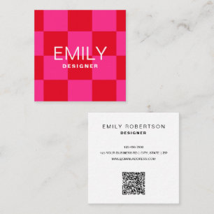 Modern Minimalist Typography Checker Pink Red Square Business Card