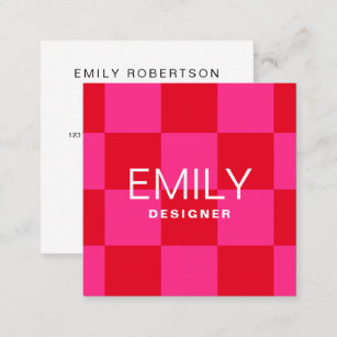Modern Minimalist Typography   Checker Pink Red Square Business Card