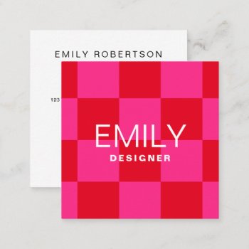 Modern Minimalist Typography | Checker Pink Red Square Business Card by marisuvalencia at Zazzle