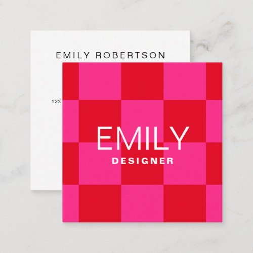 Modern Minimalist Typography  Checker Pink Red Square Business Card