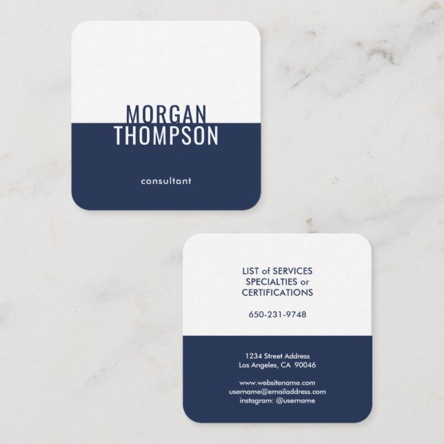 Modern Minimalist Typography Navy Blue and White Square Business Card (Front/Back)