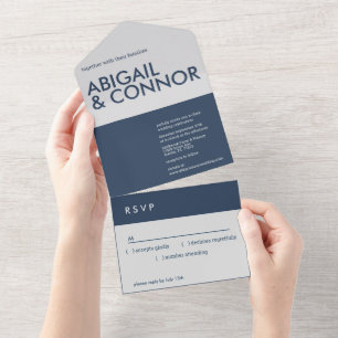 Modern Minimalist Typography Navy Blue Gray All In One Invitation