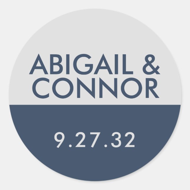 Modern Minimalist Typography Navy Blue Gray Names Classic Round Sticker (Front)
