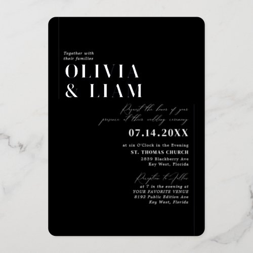 Modern Minimalist Typography Wedding Black Silver  Foil Invitation