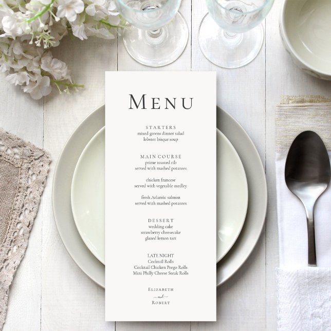 Modern Minimalist Typography Wedding Menu Card (Modern Minimalist Typography Wedding Menu Card on a silver grey wedding table with white flowers)
