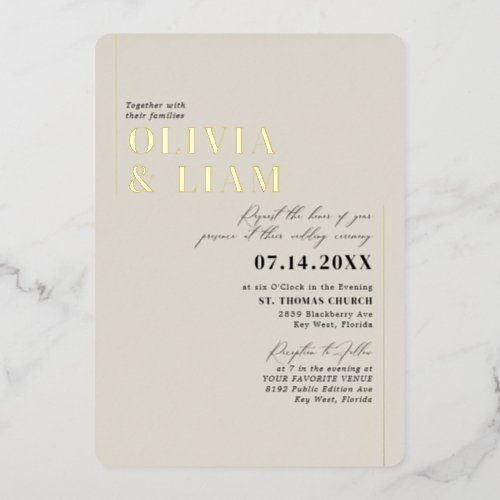 Modern Minimalist Typography Wedding Taupe Gold Foil Invitation