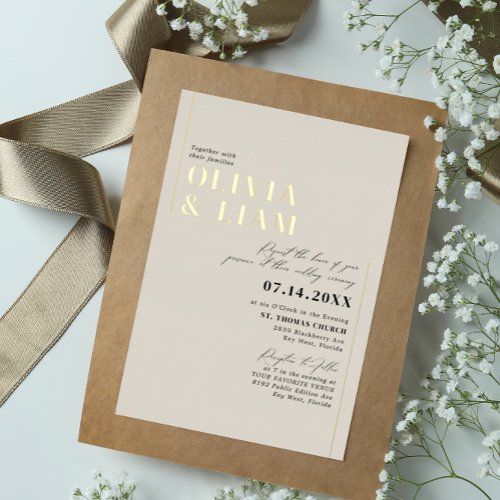 Modern Minimalist Typography Wedding Taupe Gold Foil Invitation