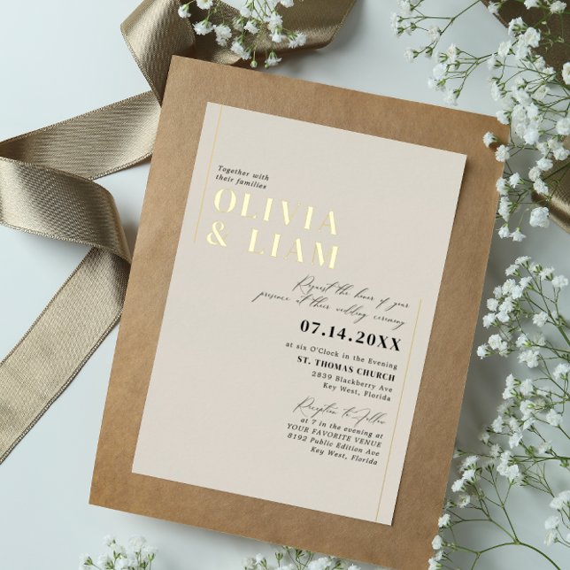 Modern Minimalist Typography Wedding Taupe Gold Foil Invitation (Creator Uploaded)
