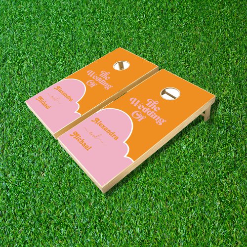 Modern Minimalist Vibrant Orange and Pink Wedding  Cornhole Set