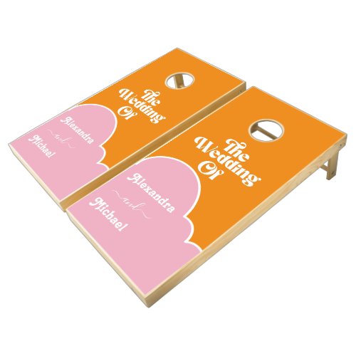 Modern Minimalist Vibrant Orange and Pink Wedding Cornhole Set