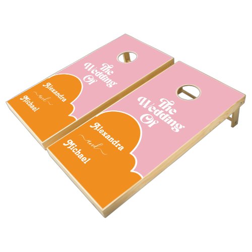 Modern Minimalist Vibrant Orange and Pink Wedding  Cornhole Set