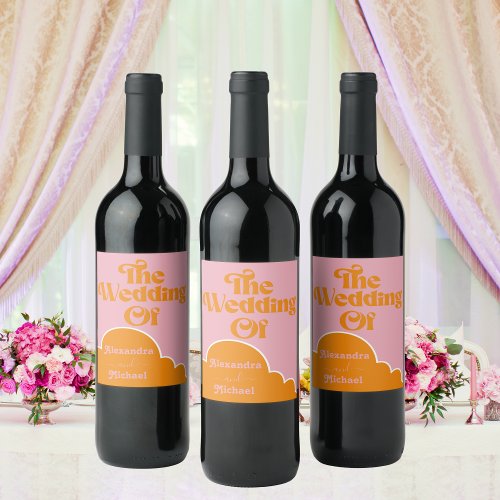 Modern Minimalist Vibrant Orange and Pink Wedding  Wine Label
