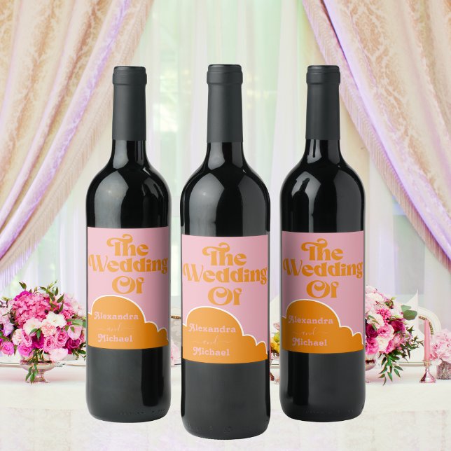 Modern Minimalist Vibrant Orange and Pink Wedding  Wine Label (Creator Uploaded)