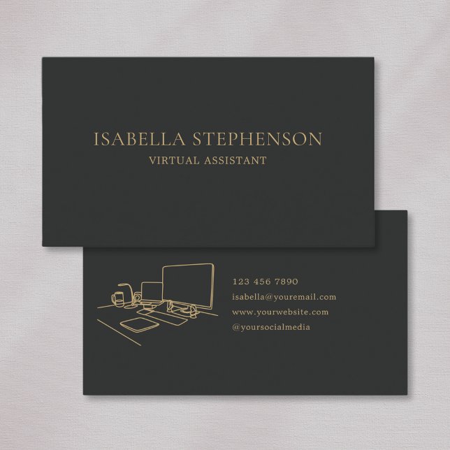 Modern Minimalist Virtual Assistant Dark Gray Gold Business Card (Creator Uploaded)