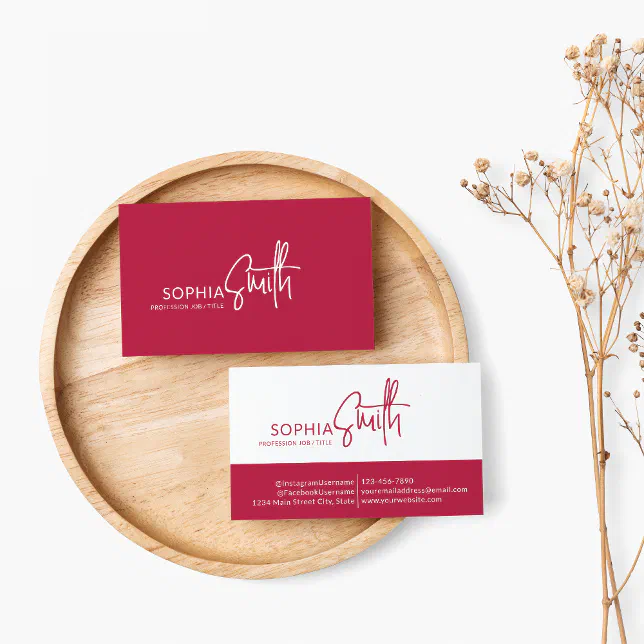 Modern Minimalist Viva Magenta Stylish Script Business Card | Zazzle