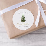 Modern Minimalist Watercolor Christmas Tree  Classic Round Sticker<br><div class="desc">This is a modern minimalist holiday gift tag template featuring a beautiful watercolor evergreen tree and an elegant calligraphy font . The color of the Christmas tree is not editable, and the wording in the gold calligraphy font is not editable (but the color can be changed!) // For matching items,...</div>