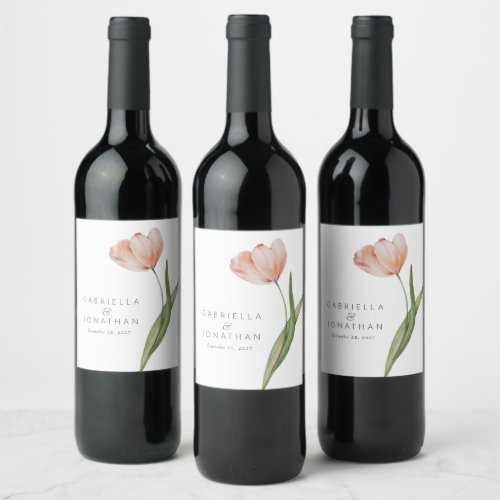 Modern Minimalist Watercolor Tulip Wedding Wine Label