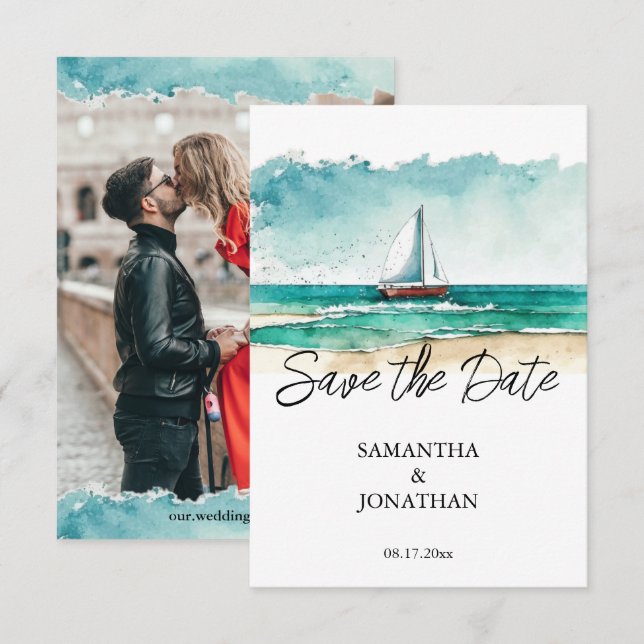Modern minimalist watercolour cruise wedding save the date (Front/Back)