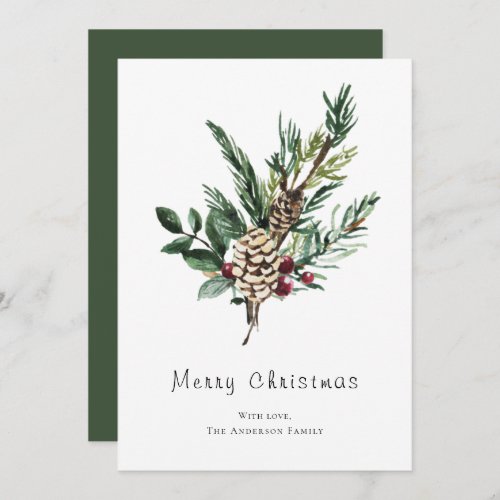 Modern Minimalist Watercolour Holly Pine Cone Holiday Card