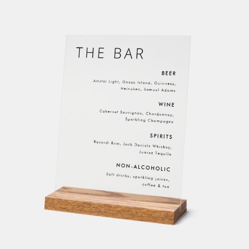 Modern Minimalist Wedding Bar Menu Acrylic Sign