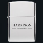 Modern Minimalist Wedding Best Man Groomsmen Gift Zippo Lighter<br><div class="desc">This elegant and stylish groomsman gift showcases the groomsman's name and title in sleek black minimalist typography. Just add the name and title in the personalization section to create your own unique wedding favors. While it's displayed here as a groomsman gift, you can easily customize the title for the groom...</div>
