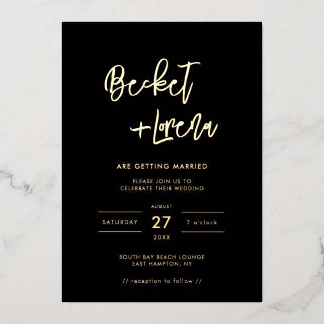 Modern minimalist wedding black and gold foil invitation (Front)