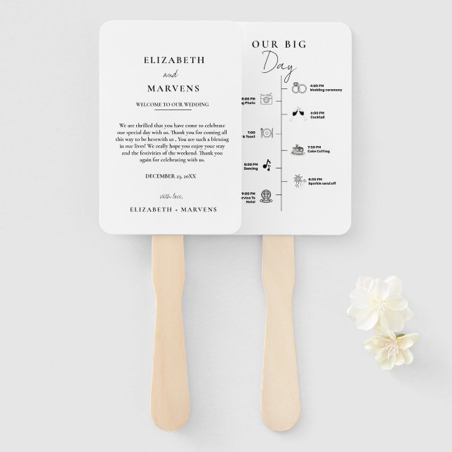 Modern Minimalist wedding day  Events Timeline  Hand Fan (Front and Back)