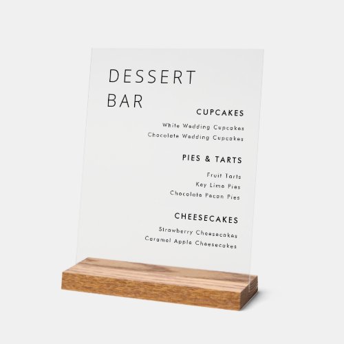 Modern Minimalist Wedding Dessert Bar Menu Acrylic Sign