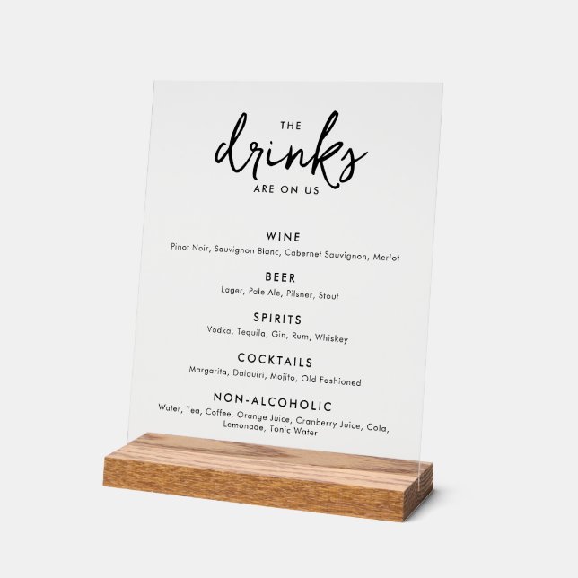 Modern Minimalist Wedding Drinks Bar Menu Acrylic Sign (Angle)