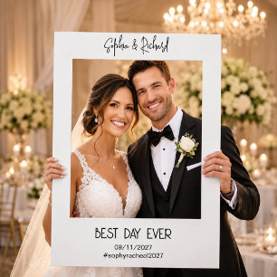 Modern Minimalist Wedding Groom Bride Name Date Selfie Frame