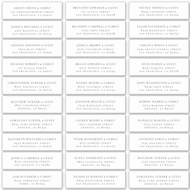 Modern Minimalist Wedding Guest Names Address Sticker (Front)
