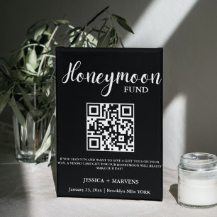 Modern Minimalist wedding honeymoon fund QR code Pedestal Sign