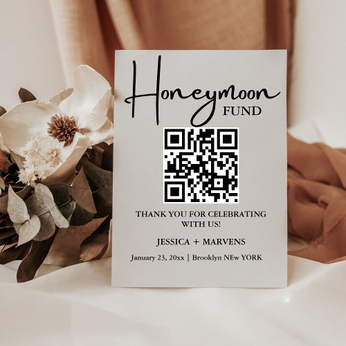 Modern Minimalist  wedding honeymoon fund QR code  Pedestal Sign