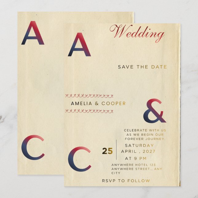 Modern Minimalist Wedding Invitation – Beige & Nav (Front/Back)