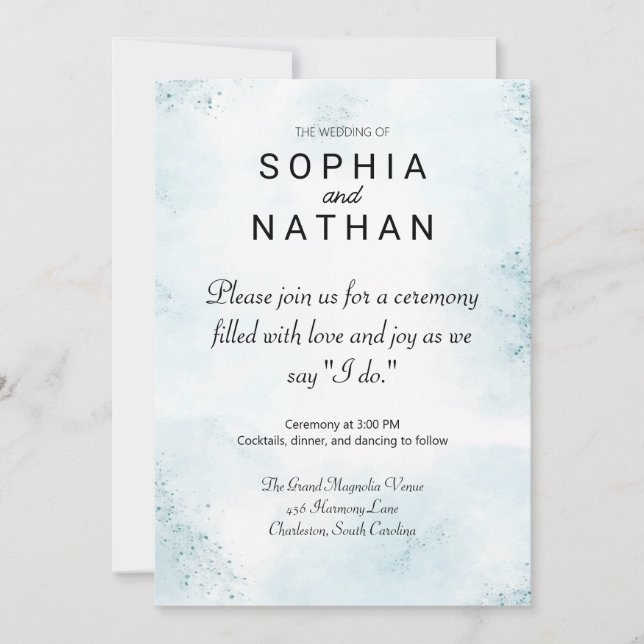 Modern Minimalist Wedding Light Blue Watercolor Invitation (Front)