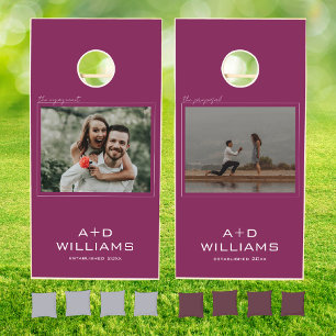 Modern Minimalist Wedding Monogram 2 Photo Magenta Cornhole Set