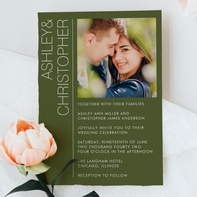 Modern Minimalist Wedding Moss Green Photo Invitation (Creator Uploaded)
