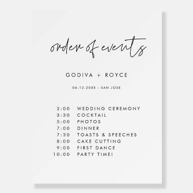Modern Minimalist wedding Order of events Foam Board (Front)