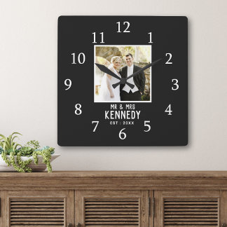 Modern Minimalist Wedding Photo Black And White Square Wall Clock