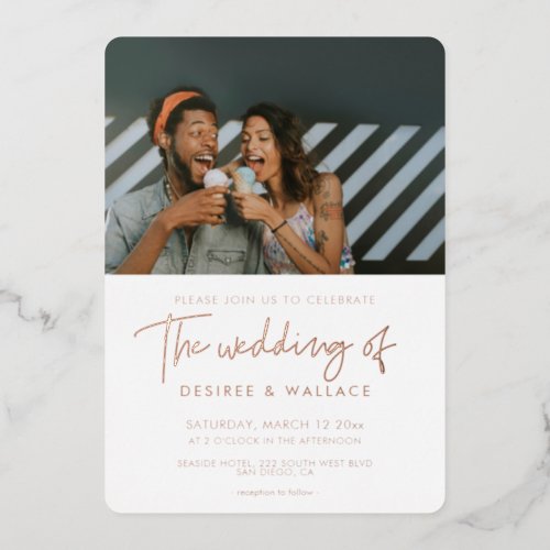 Modern minimalist wedding photo foil invitation