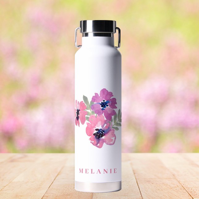 Modern Minimalist Wedding Pink Floral Water Bottle (Stylishly Personalize with Your Custom Name.)