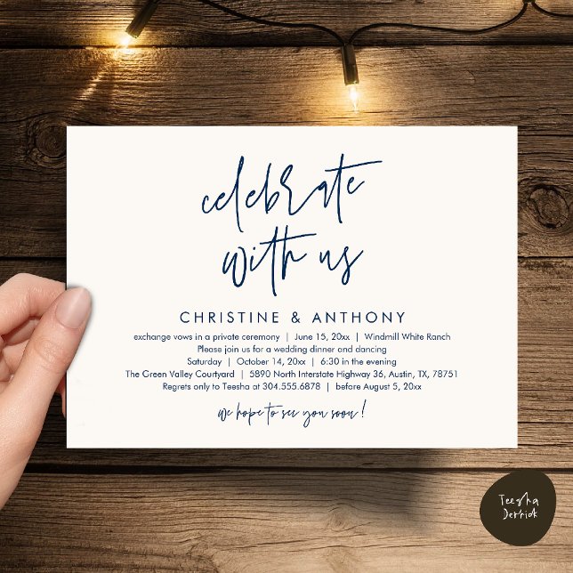 Modern Minimalist Wedding Reception Dinner Invitation (Modern Minimalist Wedding Reception Dinner Invitation Card, Celebrate with us, in Navy Blue Ivory)