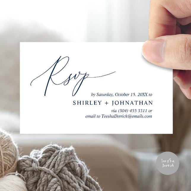 Modern Minimalist Wedding RSVP Enclosure Card (Wedding invitation RSVP via Phone or email respond reminder Enclosure Card in aesthetic Navy Blue)