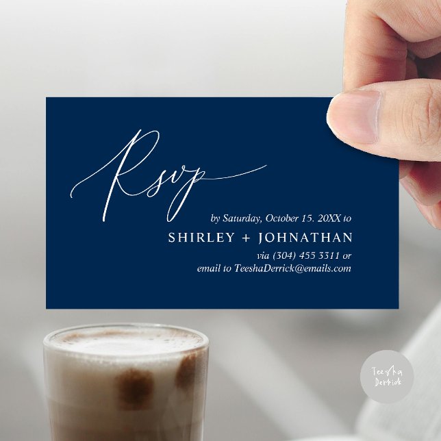 Modern Minimalist Wedding RSVP Enclosure Card (Wedding invitation RSVP via Phone or email respond reminder Enclosure Card in aesthetic Navy Blue)