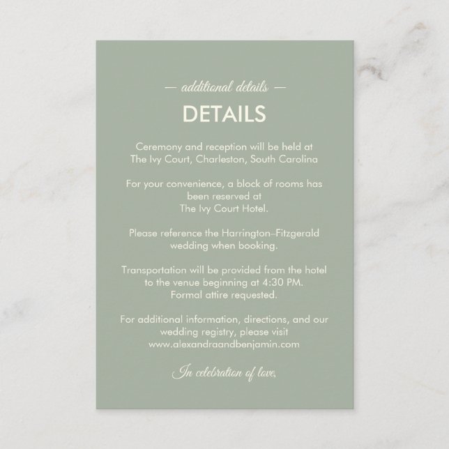 Modern Minimalist Wedding | Sage Green Timeless  Enclosure Card (Front)